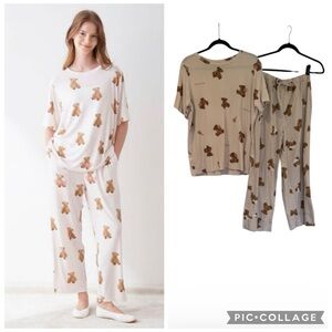 Gelato Pique Teddy Bear Pajama Set Beige Brown Soft Knit Loungewear Size OS